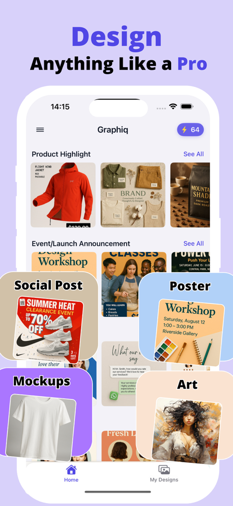 Graphiq App Dashboard, das verschiedene Designkategorien für Social Posts, Poster, Mockups und KI-Kunst zeigt