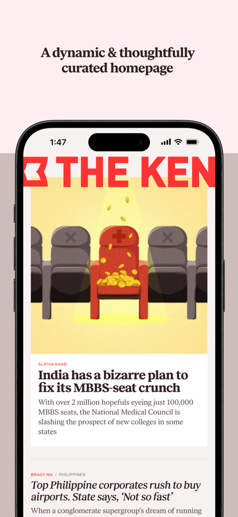 The Ken - The Ken mobile app homepage displaying curated business journalism and articles.