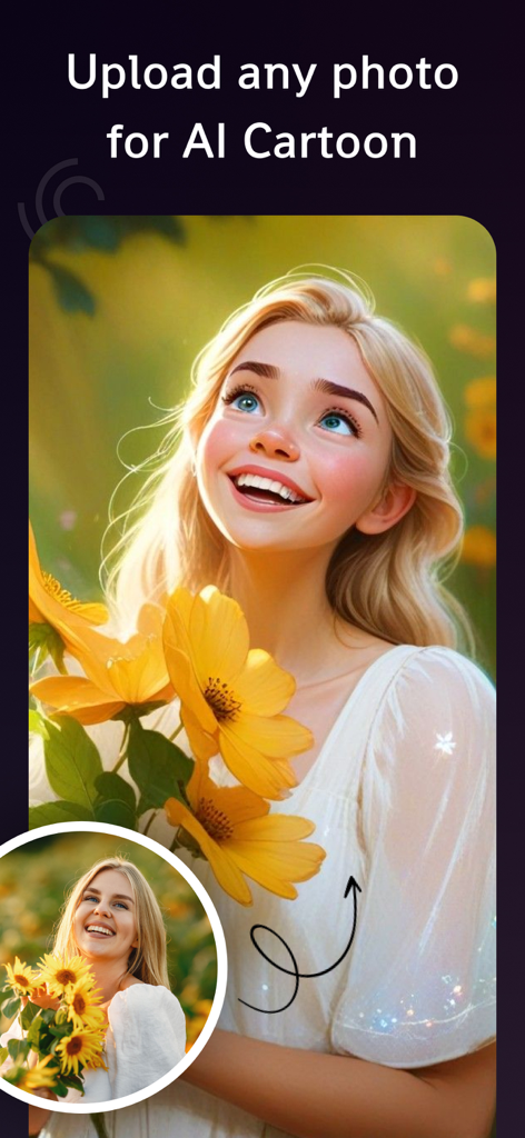 ひまわりのある女性の実際の写真とそのAI生成された漫画バージョンの比較