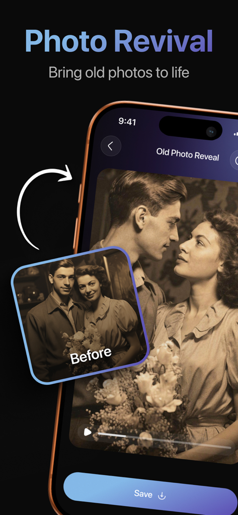Synthesia.AI Video Generator - Synthesia AIアプリの画面。Photo Revival機能が、古い白黒写真がダイナミックな動画に変換されている様子を表示。