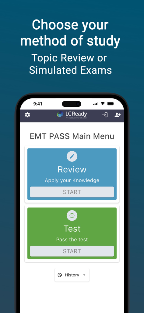 EMT PASS (new) - EMT PASS app main menu screen showing options for Topic Review and Simulated Exams