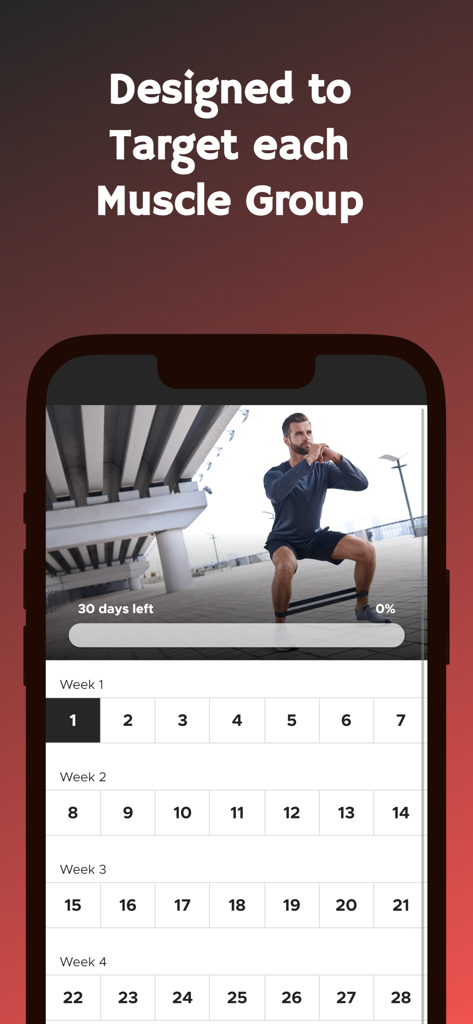 Resistance Band Workout Plan - Benutzeroberfläche der Widerstandsband-Workout-App, die einen 30-Tage-Trainingsplan und einen Mann zeigt, der einen Kniebeuge mit Bändern ausführt