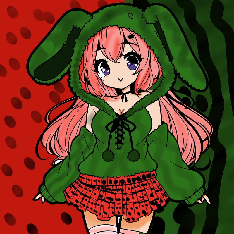 pretty anime girl wearing a fluffy hoodie with bunny ears on the hood and a skirt