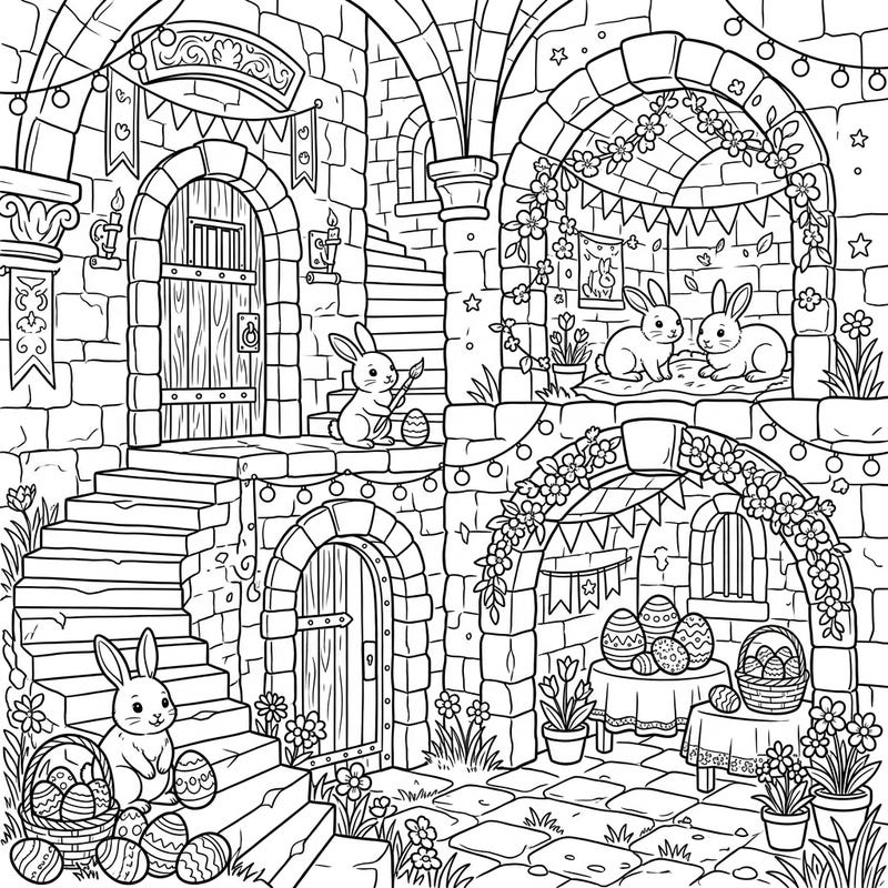 Step into a truly unique world where ancient castle dungeons meet the joyful spirit of Easter! This delightful coloring page is filled with adorable bunnies, intricately decorated eggs, and charming spring blossoms, ready for your creative touch.