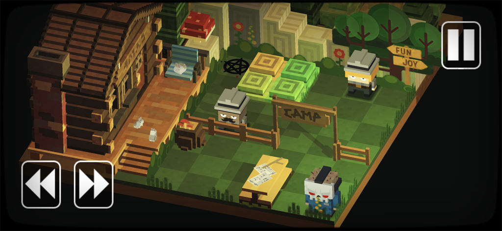 Isometric voxel puzzle gameplay in Slayaway Camp featuring a slasher character and a log cabin