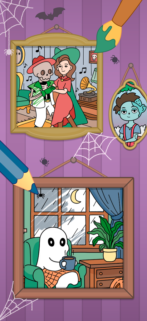 Boo Coloring Book: Cozy Horror - Spooky and cute illustrations of a ghost drinking coffee and a skeleton dancing in a coloring book app style