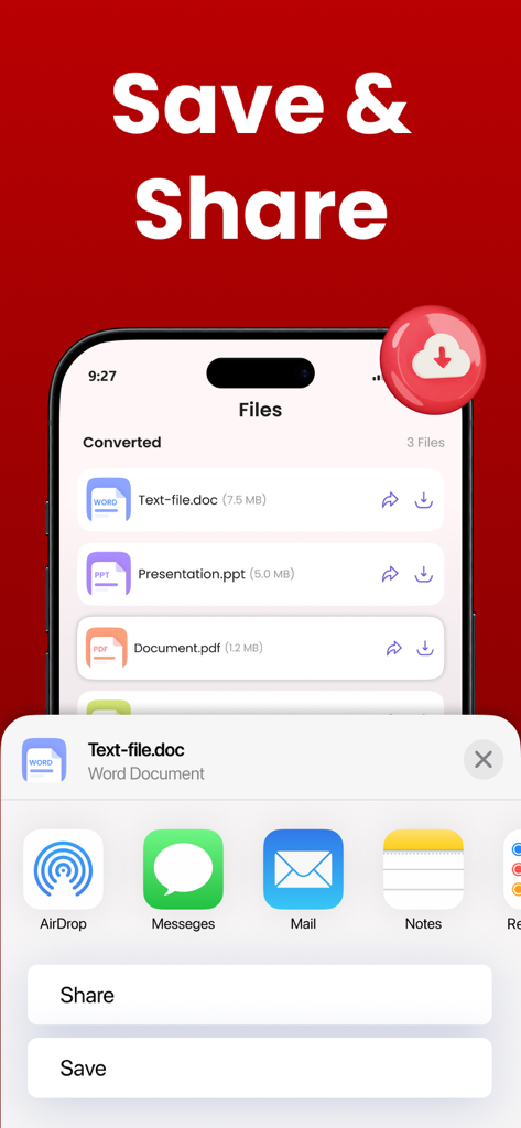변환된 문서 목록과 쉬운 파일 관리를 위한 공유 메뉴를 보여주는 iPhone 인터페이스