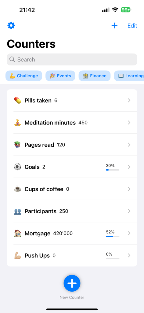 Counter App - Click Tracker - Dashboard view of the Counter App showing a list of tracked items including health, habits, and financial goals.