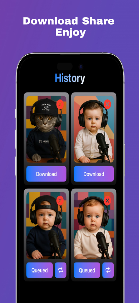 Talkie AI: Avatar Video - Verlauf-Bildschirm in der Talkie AI App, der eine Galerie von animierten Avataren zeigt, darunter eine Katze und Babys, die zum Download bereitstehen