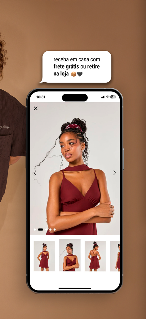 A smartphone displaying the Youcom fashion app showing a woman in a burgundy dress with a speech bubble highlighting free shipping and in-store pickup options.