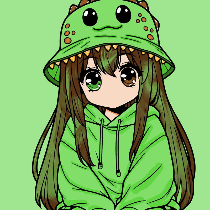 girl with anime shaped eyes with a dinosaur bucket hat oversized sweatshirt long straight hair