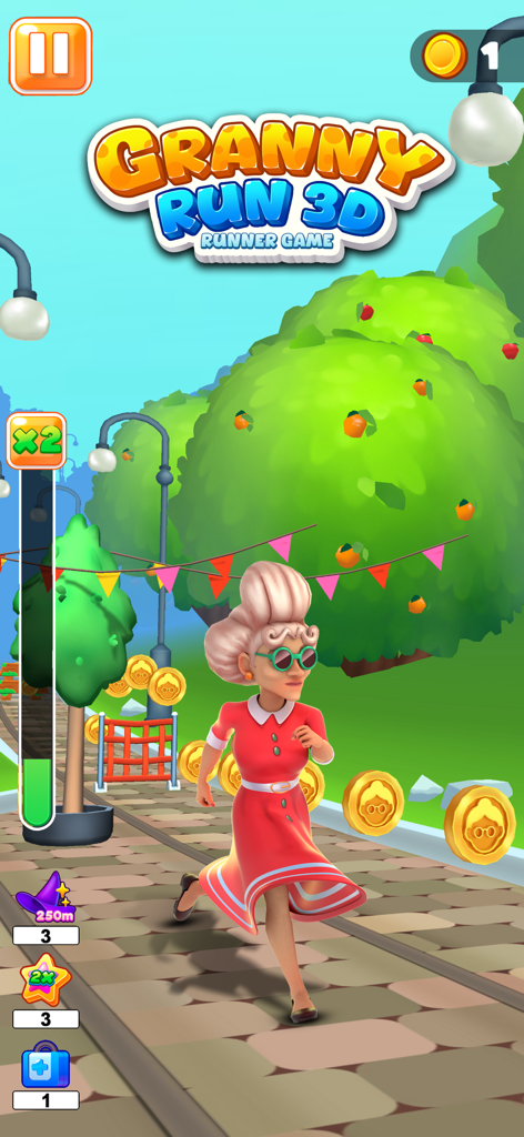 Granny Run 3D runner Game - A grandmother character in a red dress running through a garden path while collecting gold coins in a 3D environment.