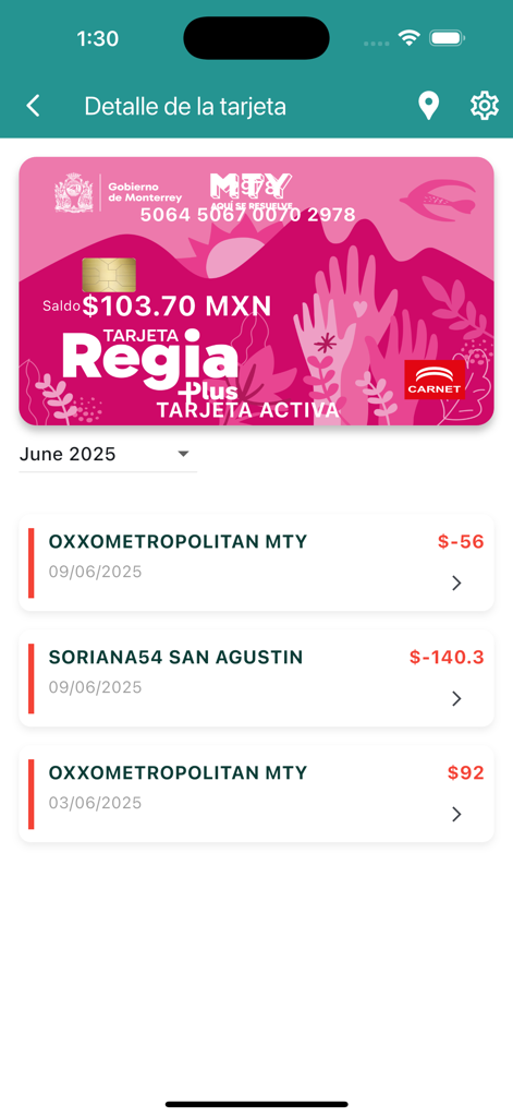 Pantalla móvil que muestra el saldo de la tarjeta Previvale y el historial de transacciones