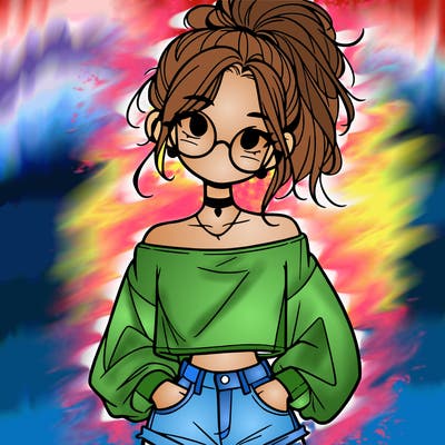 girl with a messy ponytail glasses a baggy crop top and jean shorts