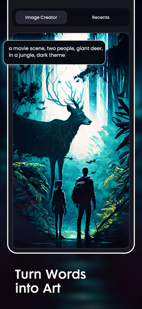 Draw AIアプリのインターフェースに、テキストプロンプトに基づく巨大な鹿と暗いジャングルの2人の人物のAI生成画像を表示