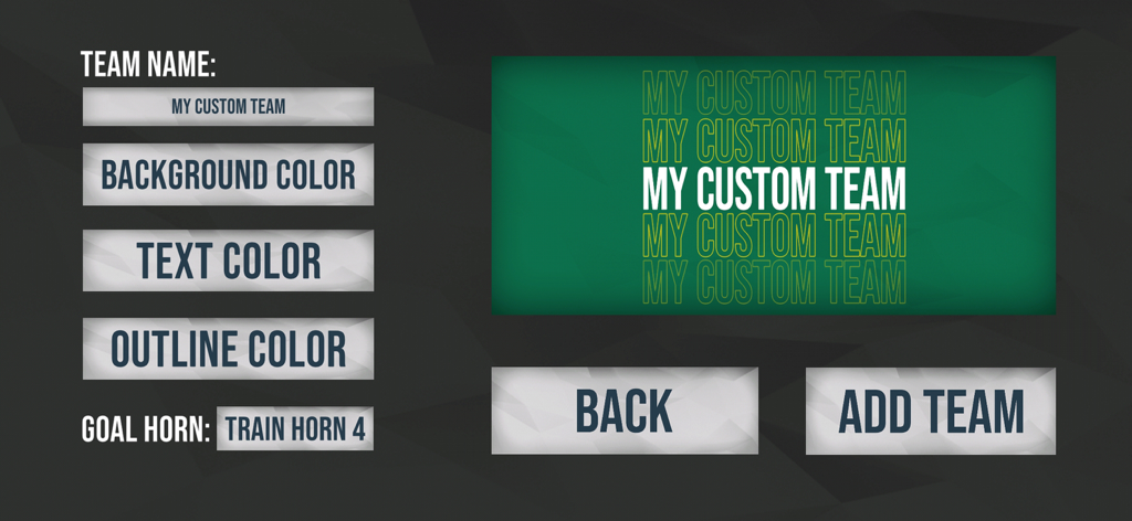 Goal Horn Hub - Interface for creating a custom team with options for name colors and goal horn sounds
