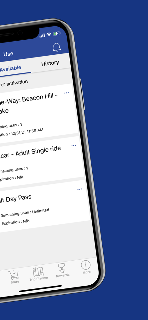 Transit GOアプリで利用可能な交通機関チケットとデイパスを表示するスマートフォンの画面。