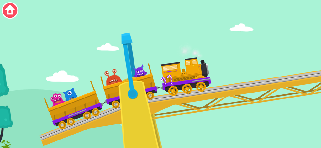 Un train de dessin animé coloré transportant des monstres amicaux sur une voie jaune dans un paysage pour tout-petits.