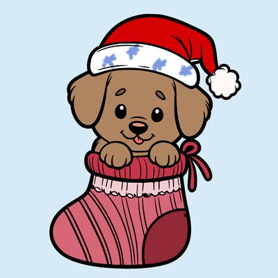 cute puppy wearing santa hat in socking