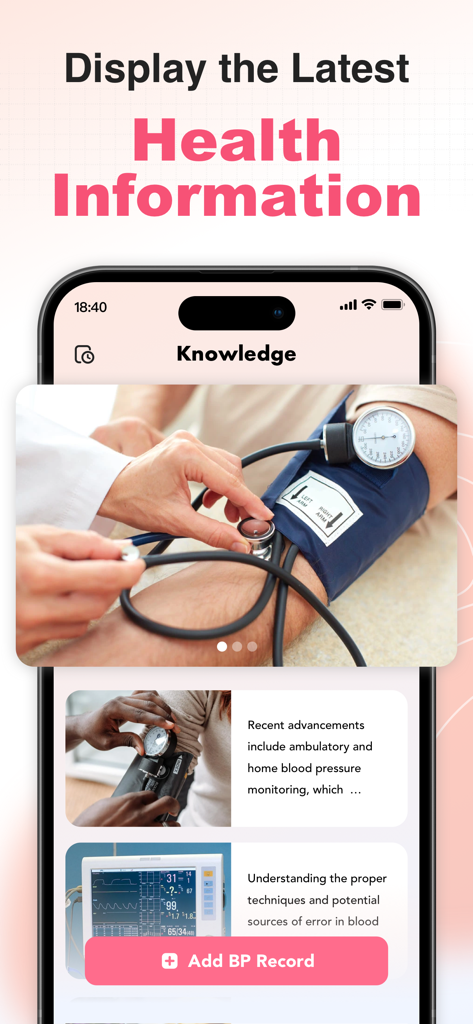 AuraFlow AI - Smart BP Tracker - Pantalla de la aplicación AuraFlow AI que muestra artículos de conocimiento de salud e información sobre el monitoreo de la presión arterial