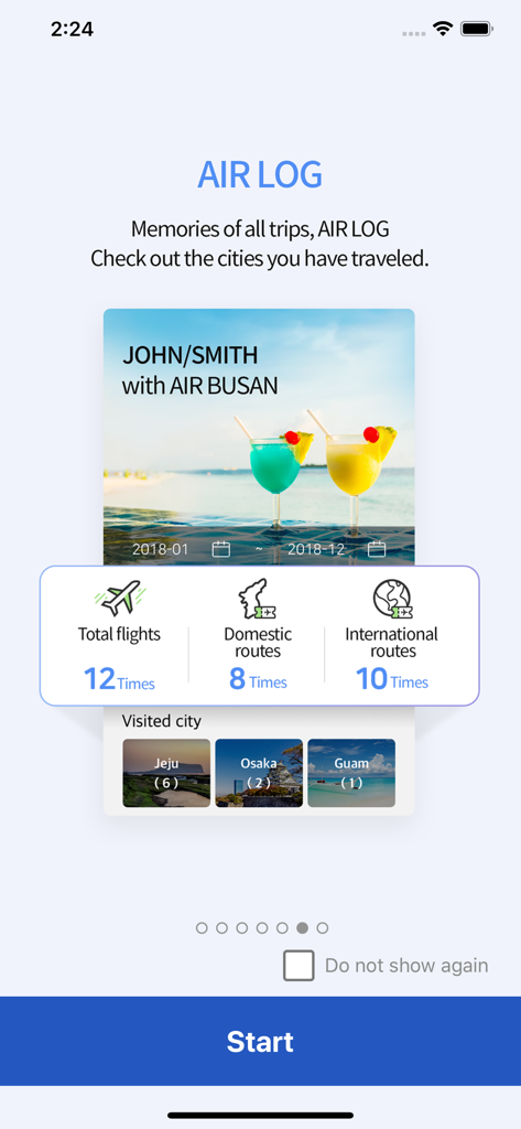 여행 통계 및 방문 도시를 표시하는 에어부산 앱 AIR LOG 화면.