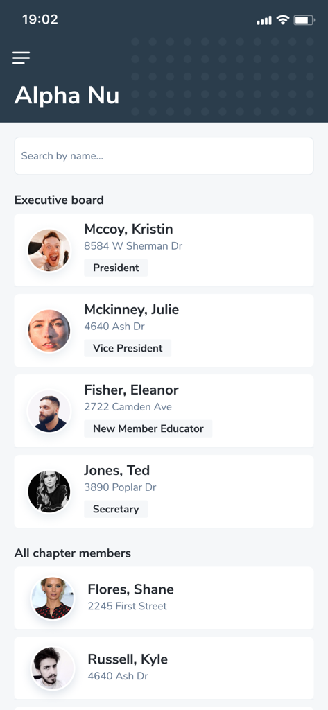 Greek Capital Management - Pantalla móvil que muestra la junta ejecutiva y la lista de miembros de un capítulo de fraternidad o sororidad