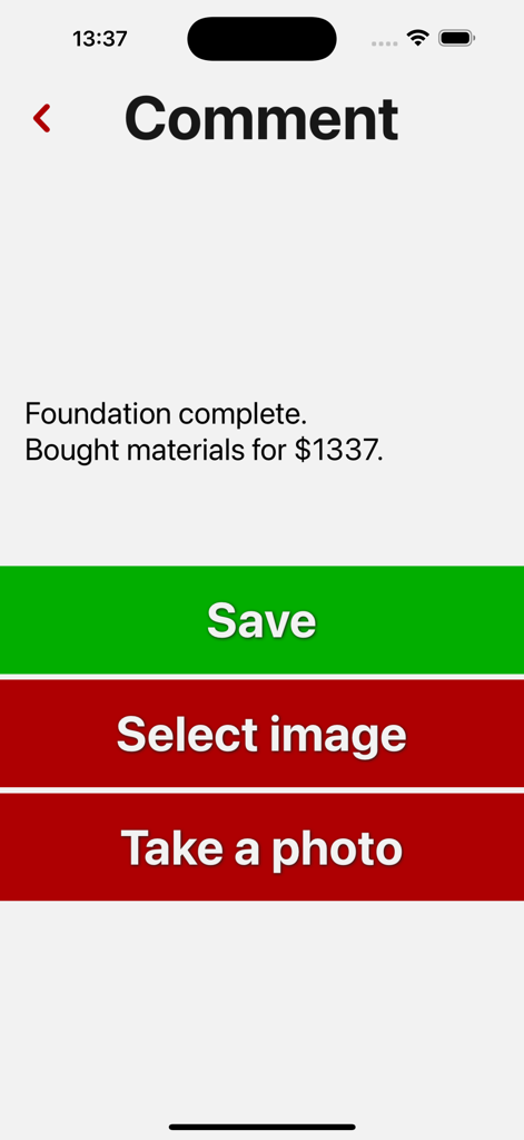 Tímavera - Ein Bildschirm in der Timavera App zum Hinzufügen von Kommentaren und Fotos zu einem Projekt