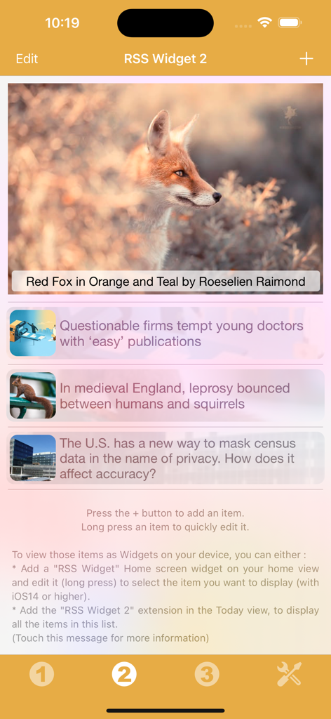 RSS Widget - Interfaz de la aplicación RSS Widget que muestra una lista de artículos de noticias con miniaturas y titulares