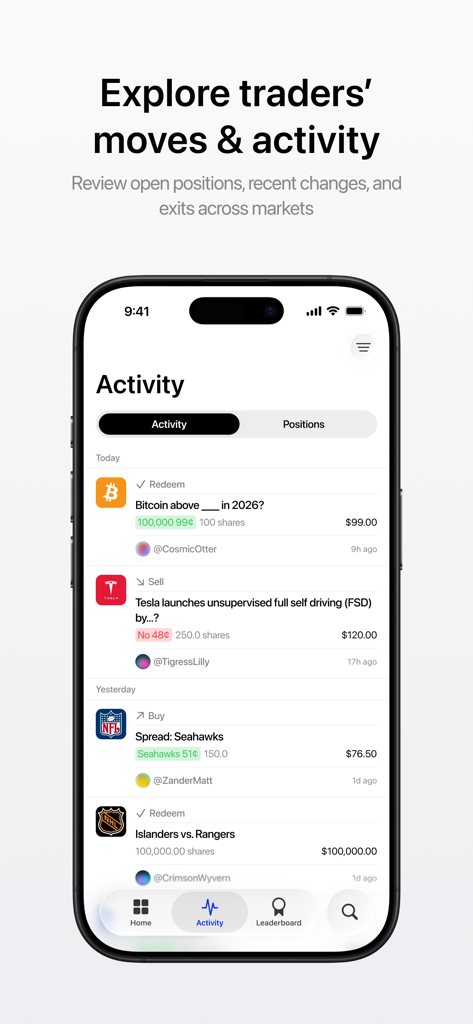 Polypal - Polymarket tracker - Polypal-App-Oberfläche mit einem Echtzeit-Feed von Trader-Aktivitäten und Marktpositionen