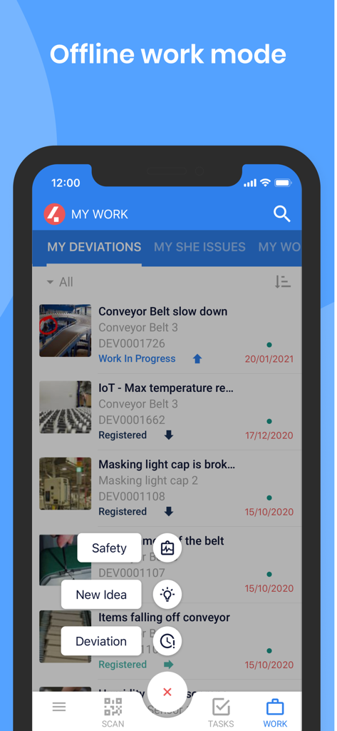 4Industry for InTune app interface showing offline work mode and a list of industrial deviations like conveyor belt issues