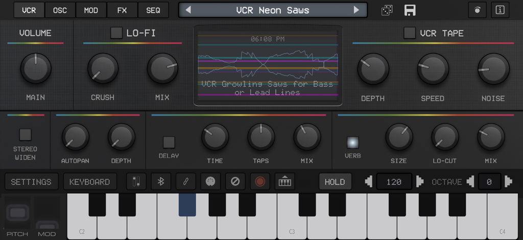 User interface of King of VHS VCR Synth showing retro knobs and lo-fi tape effects