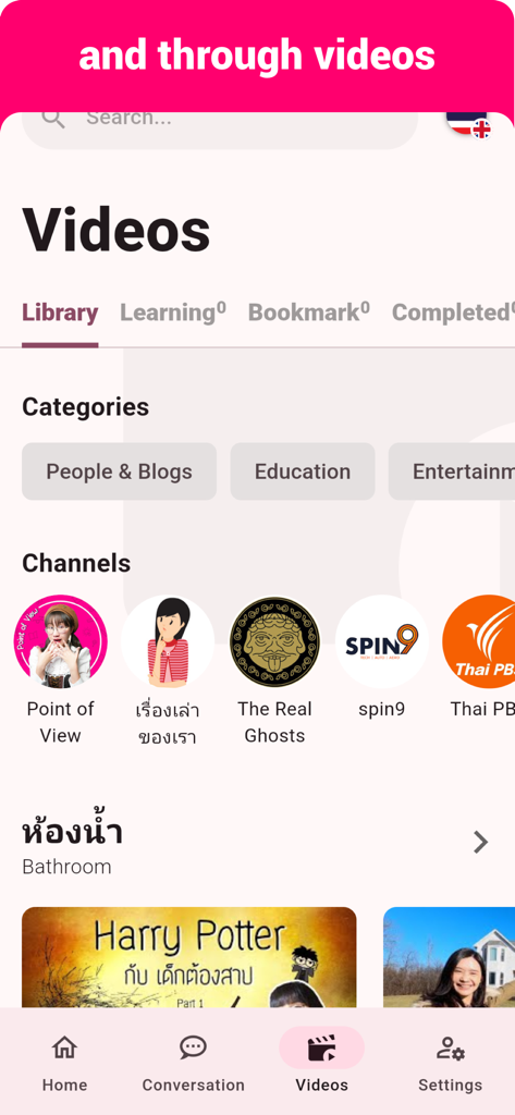 Thai  - Listening Speaking - Video library screen of the Thai language learning app showing various channels and educational categories