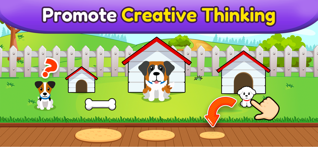 Toddler educational game screen showing a size matching activity with dogs and their houses