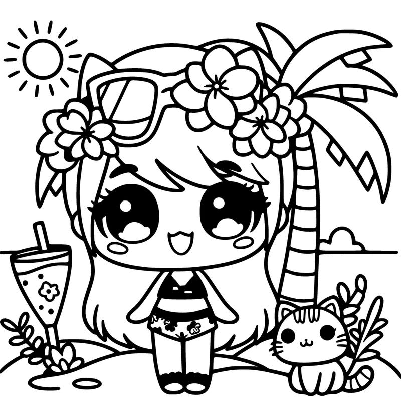 kawaii tropical girl with cat