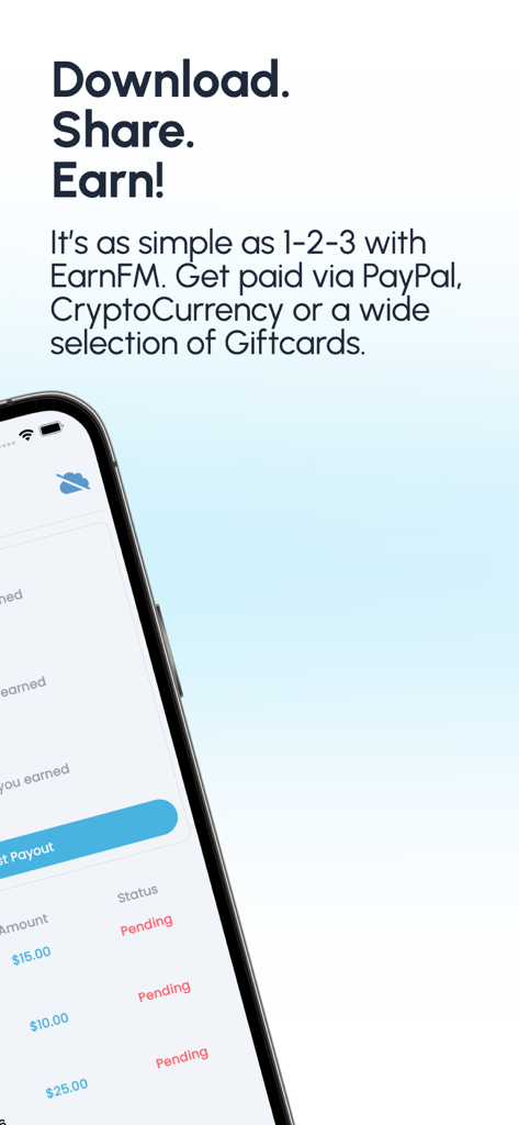 EarnFM - EarnFM mobile app screen showing payout history and payment options like PayPal and Crypto