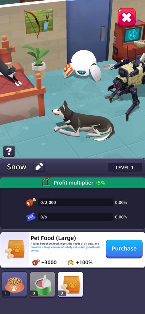 Idle Survivor Fortress Tycoon - Pet management screen for a dog named Snow in Idle Survivor Fortress Tycoon showing profit multiplier and food options.