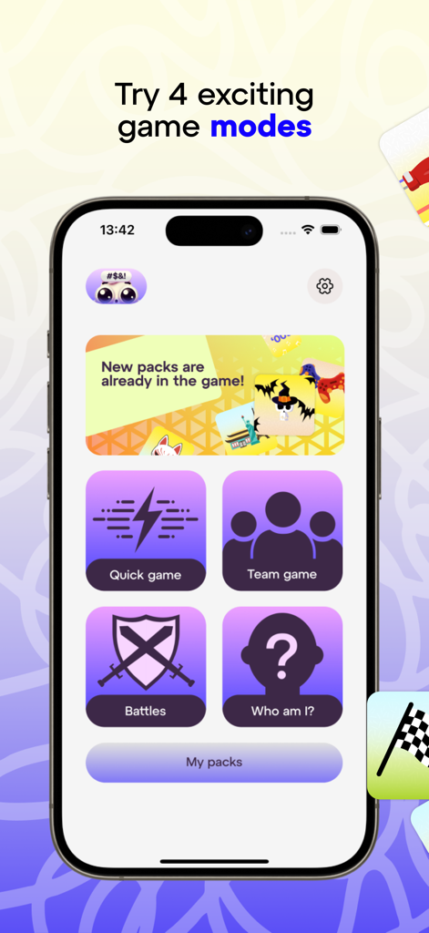 Charades - Guess Up The Word! - Menú de la aplicación Charades mostrando cuatro modos de juego, incluido el juego rápido y el juego en equipo