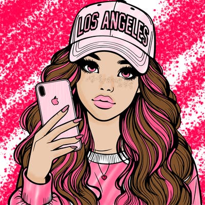 realistic beautiful girl wearing los ángeles cap holding an iphone