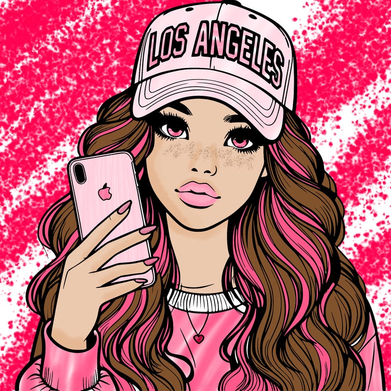 realistic beautiful girl wearing los ángeles cap holding an iphone