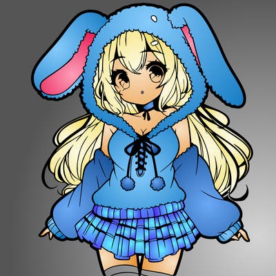 pretty anime girl wearing a fluffy hoodie with bunny ears on the hood and a skirt