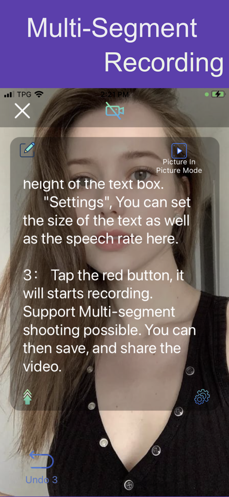 Teleprompter™ - Teleprompter app interface showing multi segment recording feature with scrolling script overlay on video