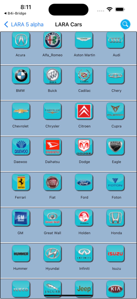 LARA Lock Reader Assistant - Uma tela no aplicativo LARA mostrando uma grade de logotipos de várias montadoras para seleção
