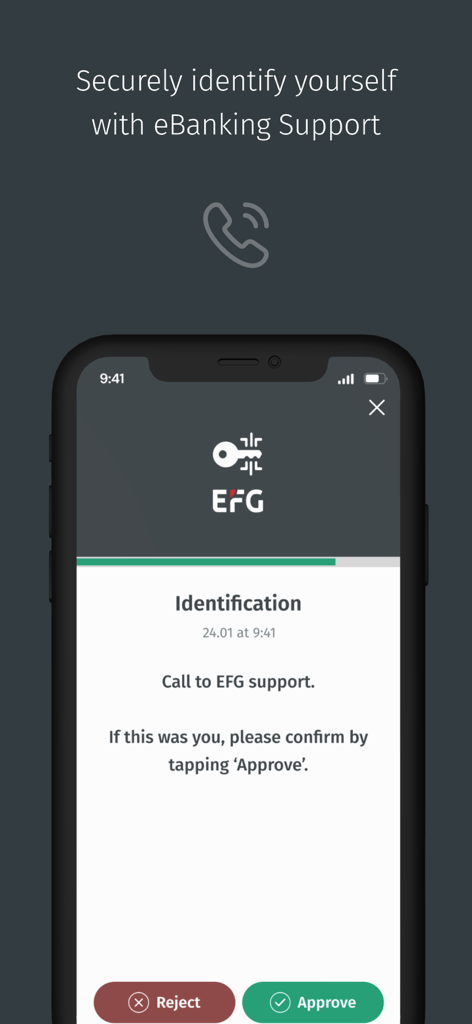 EFG Digital Key - Identification screen for EFG Digital Key app to securely verify support calls