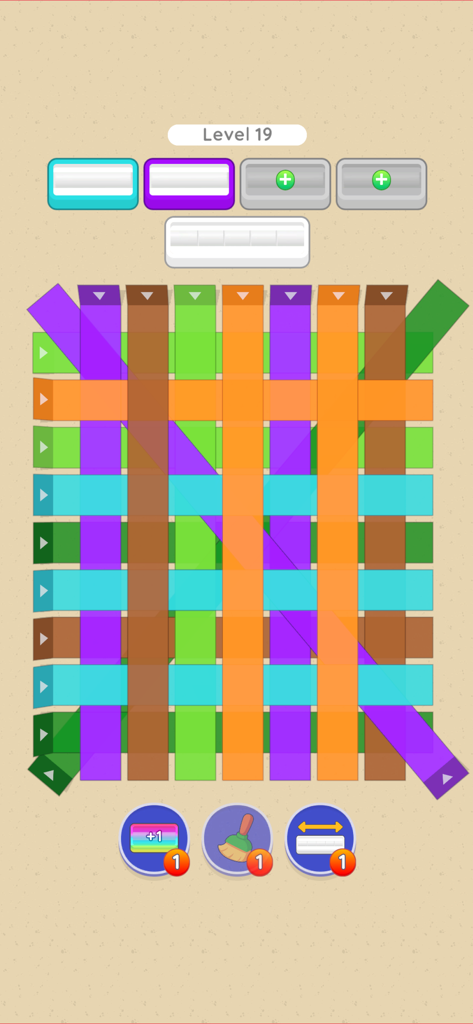 Untape - Level 19 of Untape game featuring colorful overlapping tapes on a grid