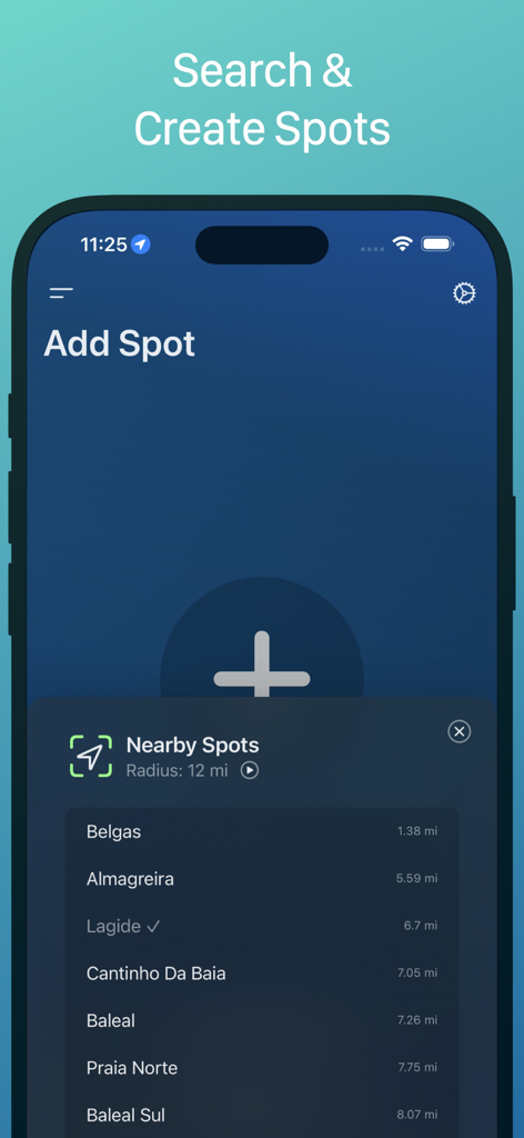 Screenshot dell'interfaccia di ricerca dell'app EPIC Surf Report che mostra un elenco di spot surf nelle vicinanze e le loro distanze.