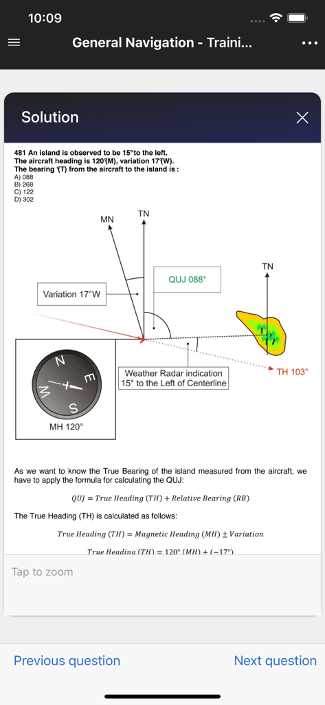 Fasttrack ATPL - Pilot Exams - A detailed navigation solution screen showing a flight heading diagram and formulas for ATPL exam preparation