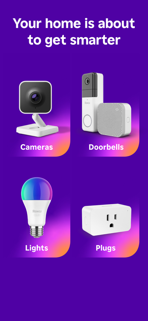 Pantalla de la aplicación Roku Smart Home mostrando iconos para cámaras, timbres, luces y enchufes.