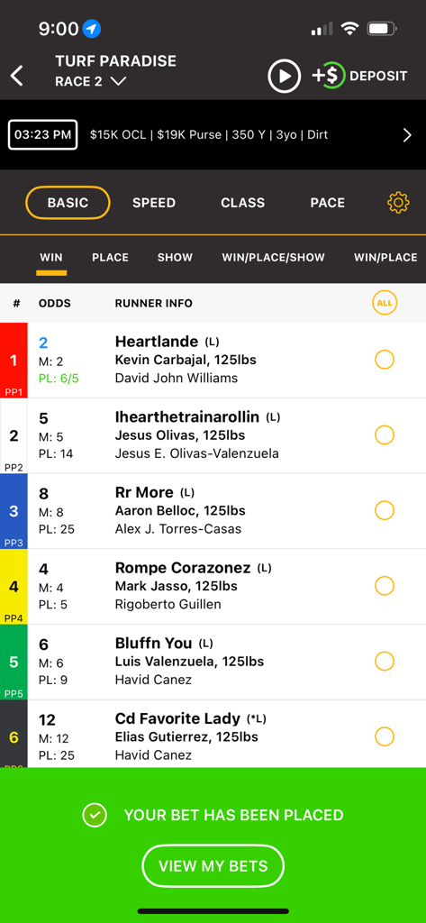 OaklawnAnywhere - OaklawnAnywhere app displaying a successful horse race bet and runner odds