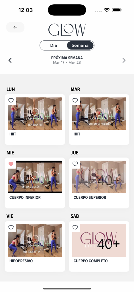 Glow by Rose - A weekly fitness calendar in the Glow by Rose app showing daily workout routines including HIIT and strength training