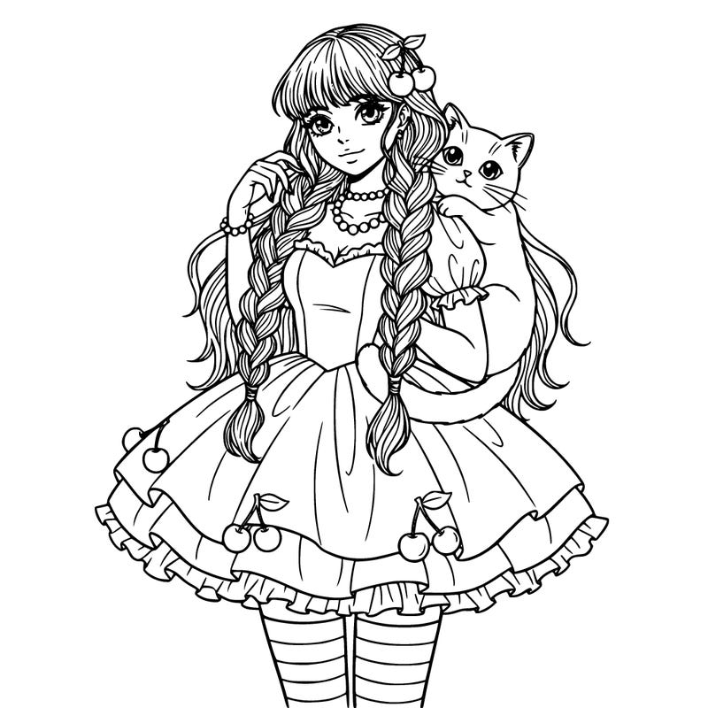 cute manga girl with long full hair in plaits with bangs, her dress is cupcake sweetheart neckline, long striped socks , accessories of cherries and pearls, with a cat around her